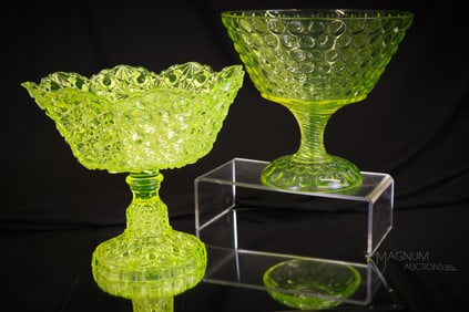 2 pc Lot Victorian Vaseline Glass Compotes Atterbury Raindrop & Daisy & Button