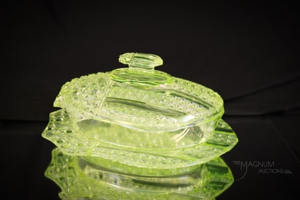 Rare Bryce Bros. Vaseline Victorian Glass Shield Covered Butter