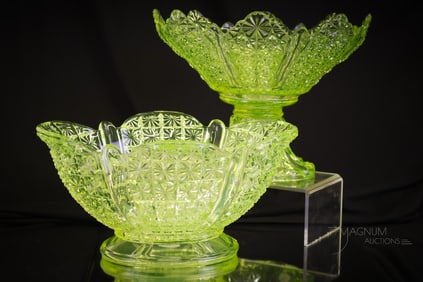 2 pc Lot Victorian Vaseline Duncan Glass Ellrose Pattern