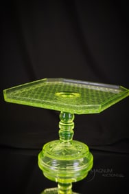 Victorian Vaseline Daisy & Button Pedestal Glass Cake Stand