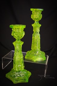 Pair Sandwich Lacy Flint Victorian Vaseline Glass Candlesticks