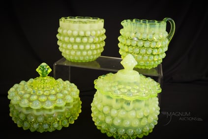 4 pc Hobbs Hobnail Victorian Vaseline Opalescent Glass Table Set