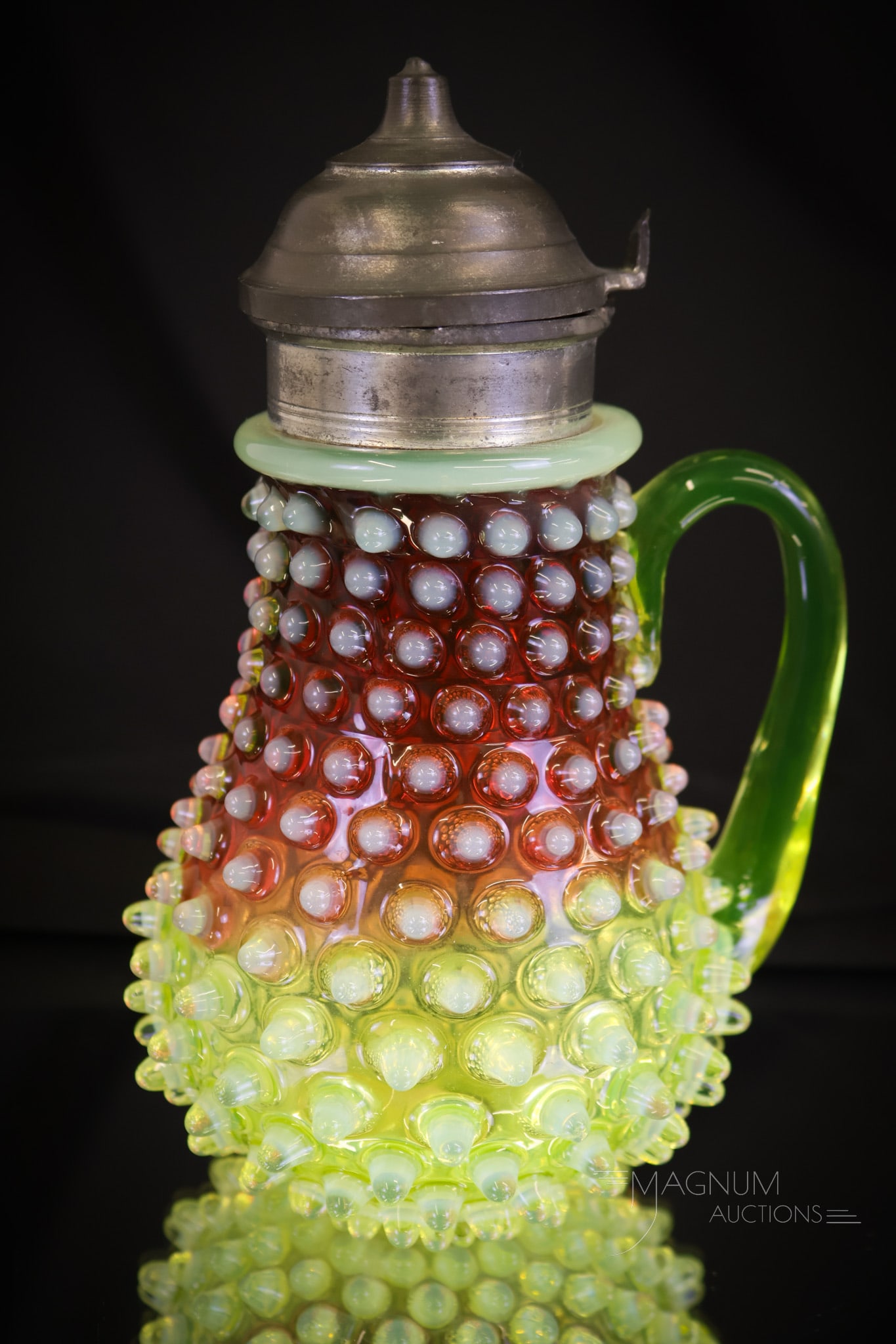 Scarce Hobbs Cranberry Vaseline Opalescent Hobnail Victorian Syrup Pitcher (1 of 10)