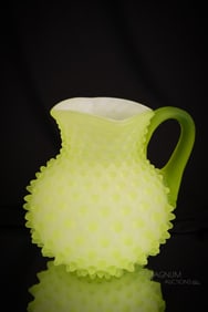 Hobbs Victorian Vaseline Cased Glass Hobnail Water Pitcher
