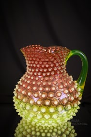 Victorian Cranberry Vaseline Opalescent Glass Hobnail Water Pitcher