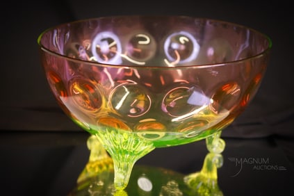 Rare Hobbs Rubina Verde Cranberry Vaseline Victorian Glass Footed Bowl
