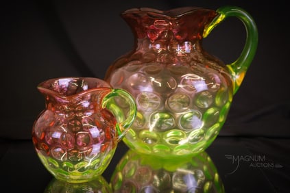 2 pc Lot Hobbs Cranberry Vaseline Victorian Glass Water Pitcher & More