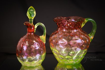 2 pc Lot Hobbs Cranberry Vaseline Victorian Glass Cruet & Creamer