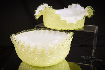 2 pc Lot Hobbs Spangle Vaseline Cased Glass Victorian Bowls