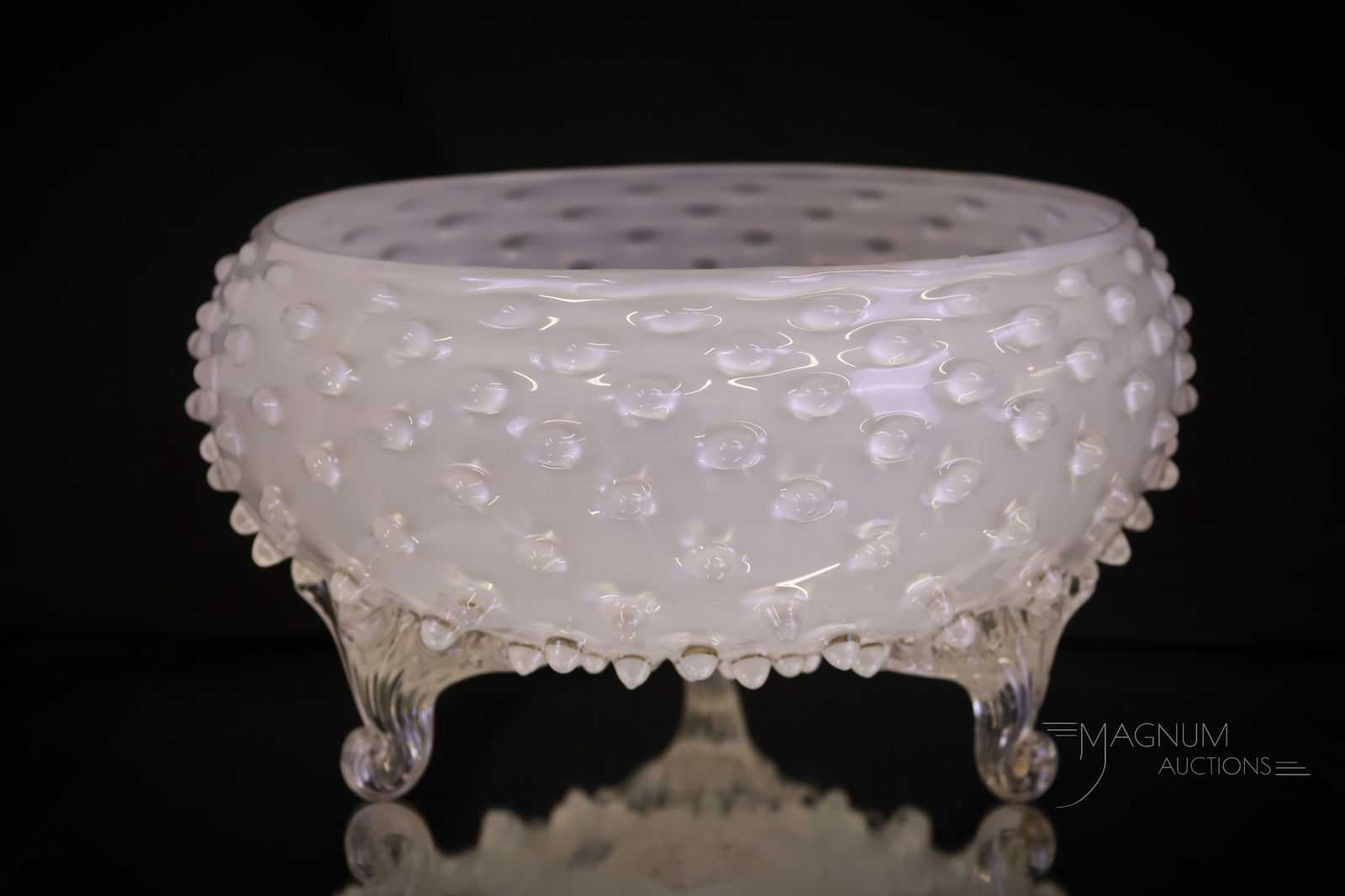 Rare Hobbs Alabaster Cased Victorian Hobnail Glass Footed Bowl: A rare find in Hobbs glass. This is an alabaster cased hobnail bowl. This fine example is so rare. It features three applied feet. This piece measures 5"" tall and 9"" wide. Shipping: At checkout, se