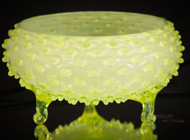Hobbs Victorian Vaseline Cased Hobnail Glass Footed Bowl