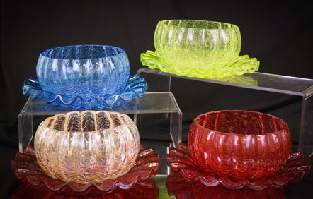 8 pc Lot Hobbs Craquelle Victorian Glass Finger Bowls & Plates
