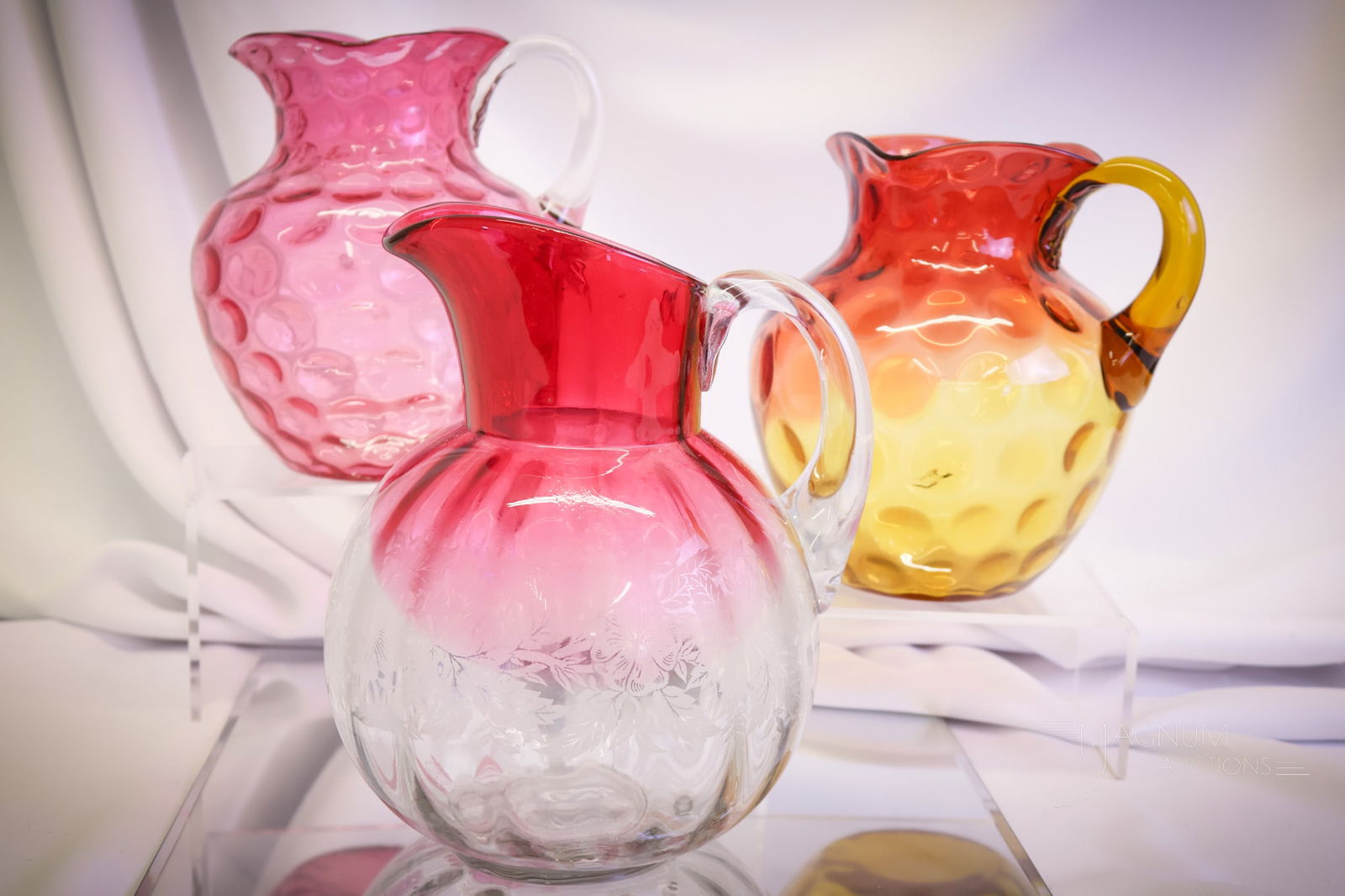 3 pc Lot Hobbs Victorian Glass Water Pitchers Cranberry & More (1 of 14)