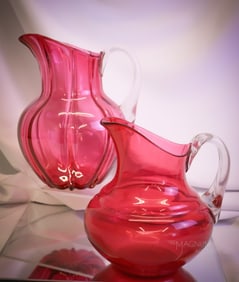 2 pc Lot Hobbs Victorian Cranberry Glass Water Pitchers