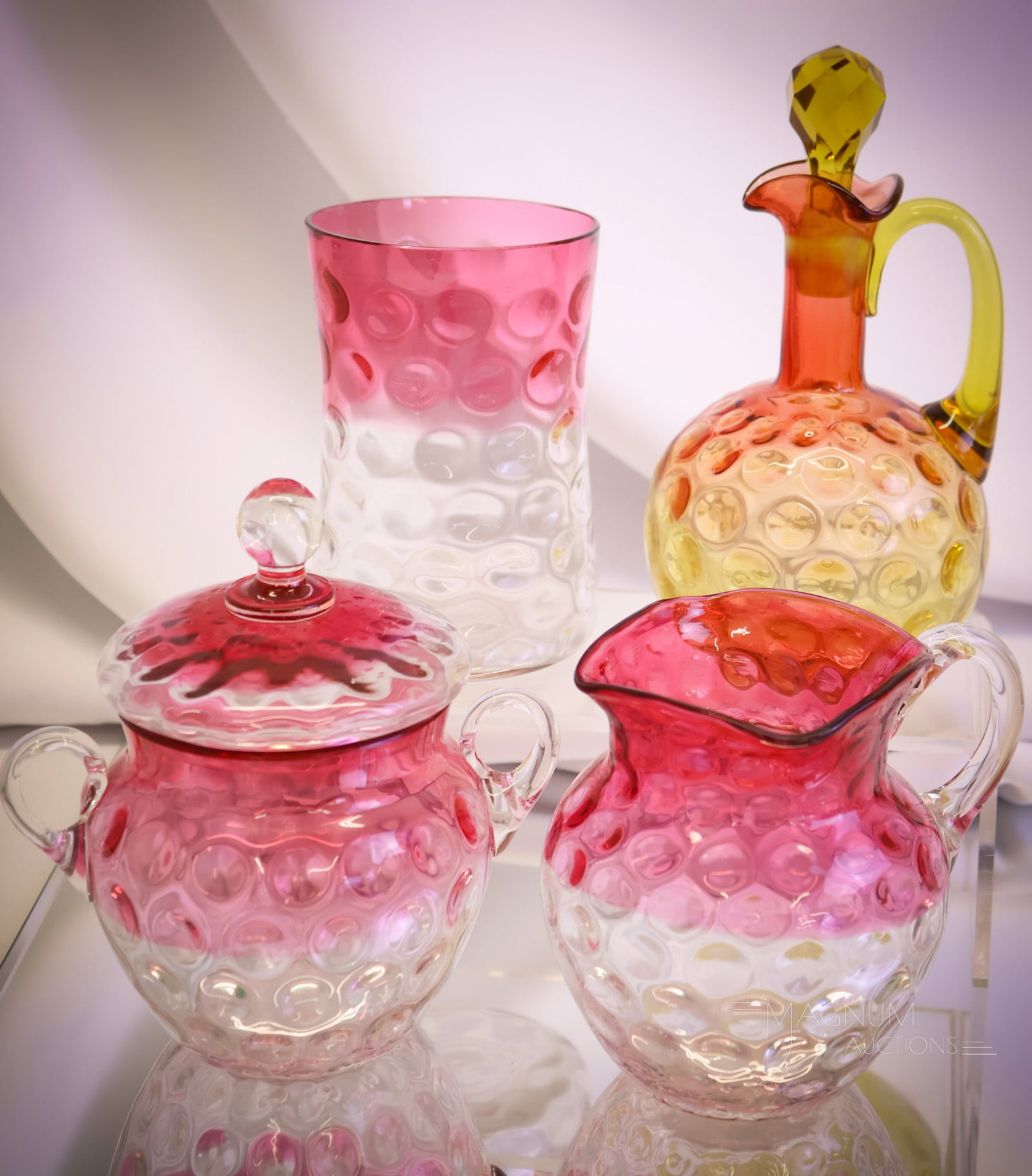 4 pc Lot Hobbs Victorian Glass Amberina & Rubina: Four Hobbs Victorian glass delights sure to be collection finds for you. The first is an amberina cruet. The second is a rubina creamer. The third is a rubina covered sugar. The last piece is a rubina