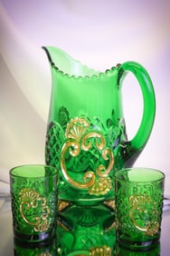 3 pc Lot Victorian Riverside Croesus Glass Water Set Pitcher & Tumblers