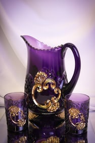 3 pc Lot Victorian Riverside Amethyst Croesus Water Set Pitcher & Tumblers