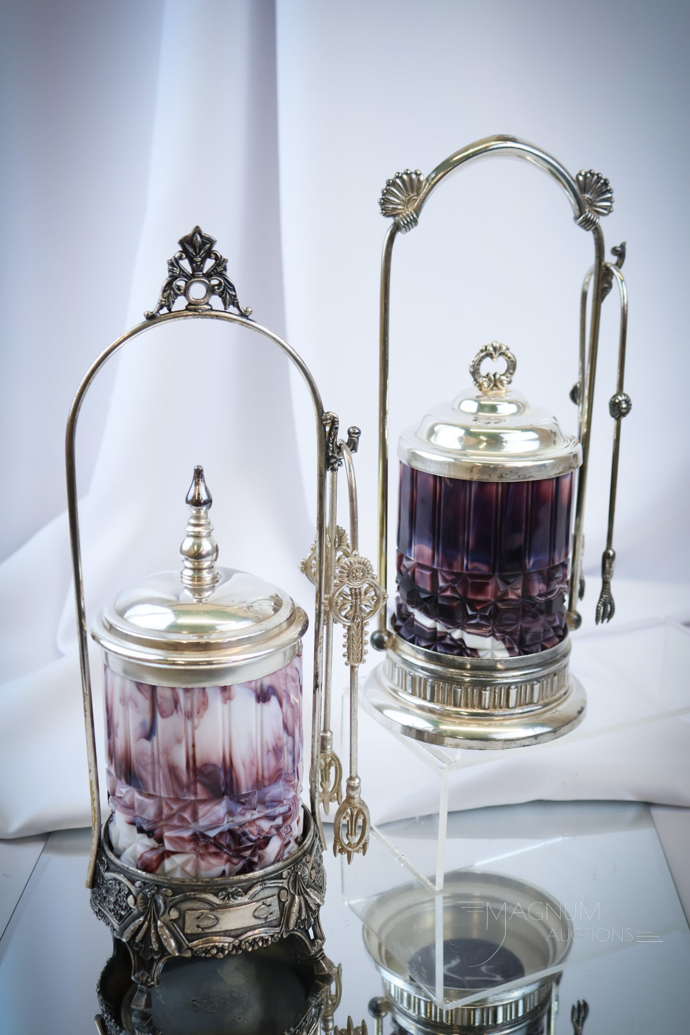 2 pc Lot Victorian Silverplate Purple Slag Glass Silverplate Pickle Castors (1 of 15)