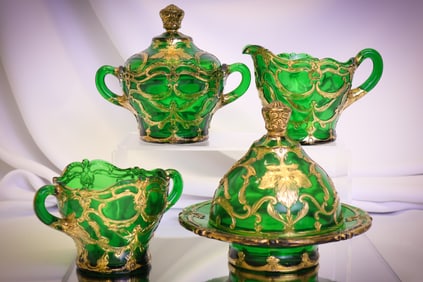 4 pc Dugan Glass Maple Leaf Green & Gold Table Set