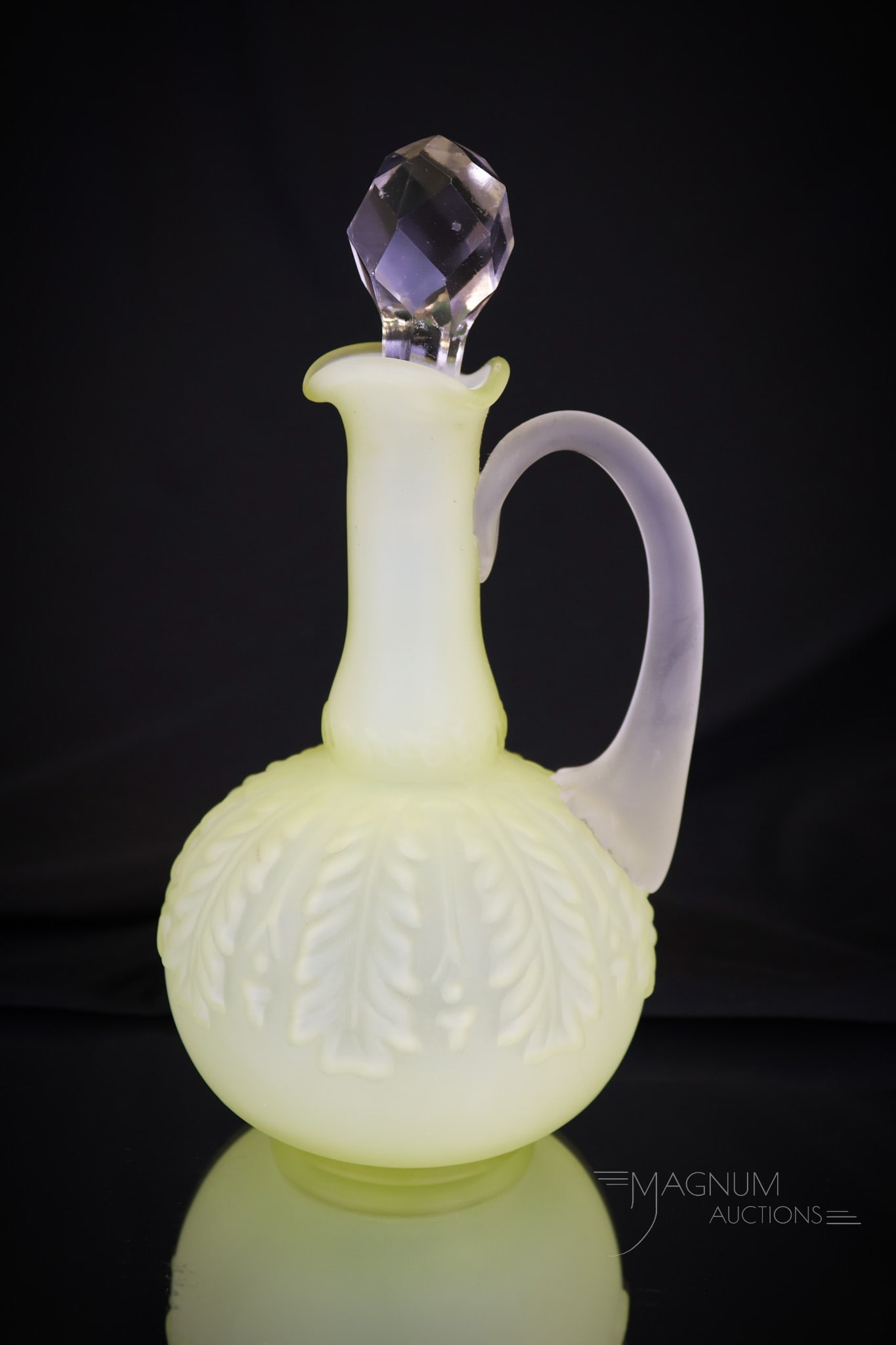 Northwood Yellow Satin Victorian Glass Leaf Umbrella Cruet (1 of 7)