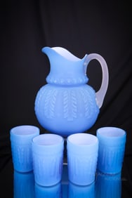 Victorian Northwood Blue Satin Glass Leaf Umbrella 5 pc Water Set