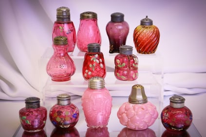 12 pc Lot Victorian Cranberry Enameled & More Victorian Glass Salt Shakers