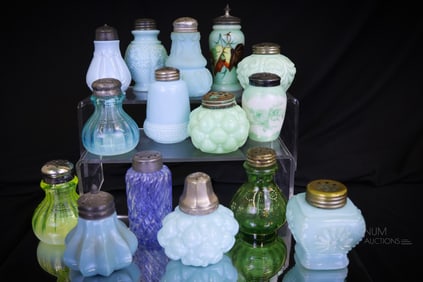 15 pc Lot Victorian Glass Salt Shakers Northwood Vaseline & More