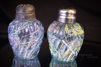 Scarce Pair Blue Victorian Peloton Glass Salt Shakers