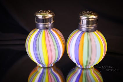 Rare Pair Rainbow Satin Stripe Art Glass Salt Shakers