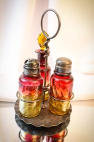 Pairpoint Silverplate Mt. Washington Amberina Glass Victorian Shaker Condiment Set