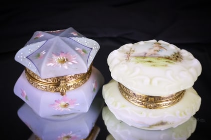 2 pc Lot Wavecrest Nakara & Cherub Victorian Glass Drtesser Boxes