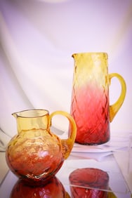 2 pc Lot Amberina Victorian Glass Diamond Quilt Pitchers