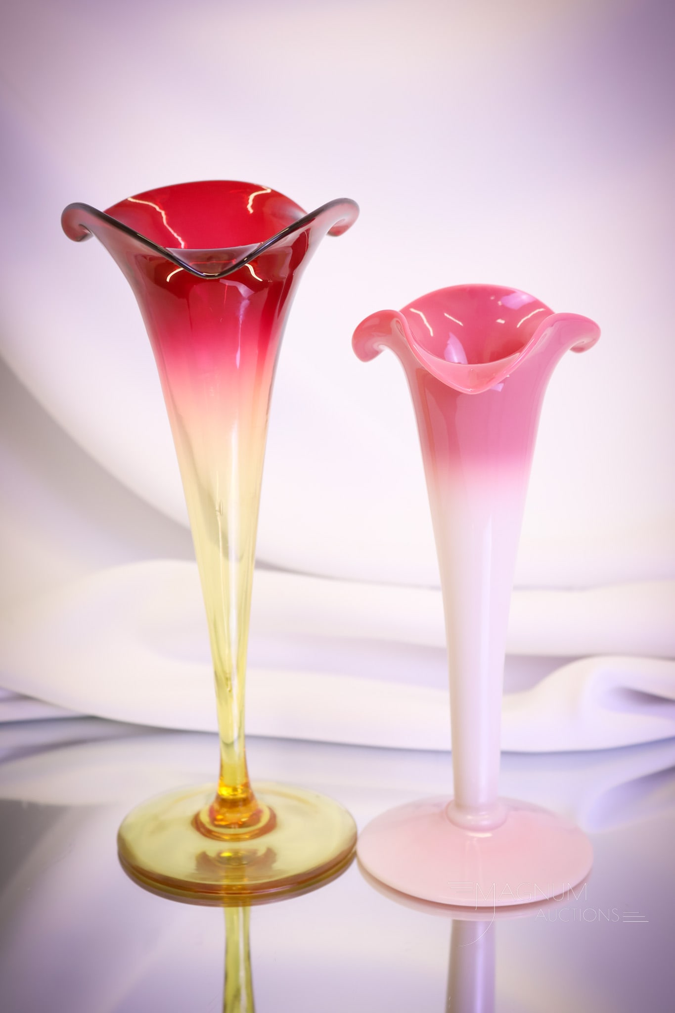 2 pc Lot New England Peachblow Amberina Victorian Glass Lily Vases (1 of 6)