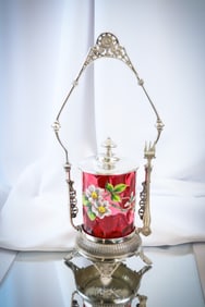 Derby Victorian Silverplate Cranberry Enameled Glass Pickle Castor