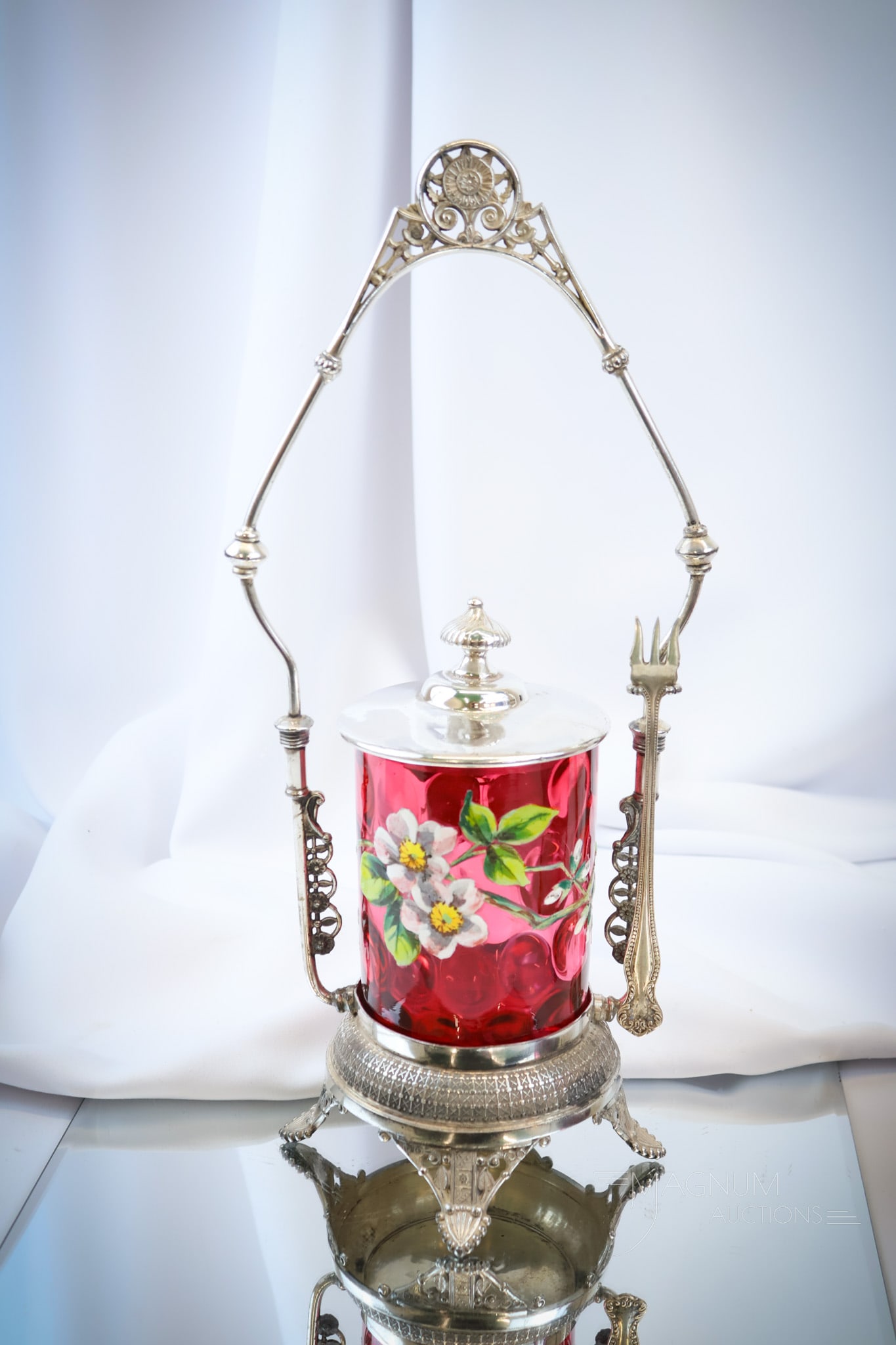 Derby Victorian Silverplate Cranberry Enameled Glass Pickle Castor (1 of 8)