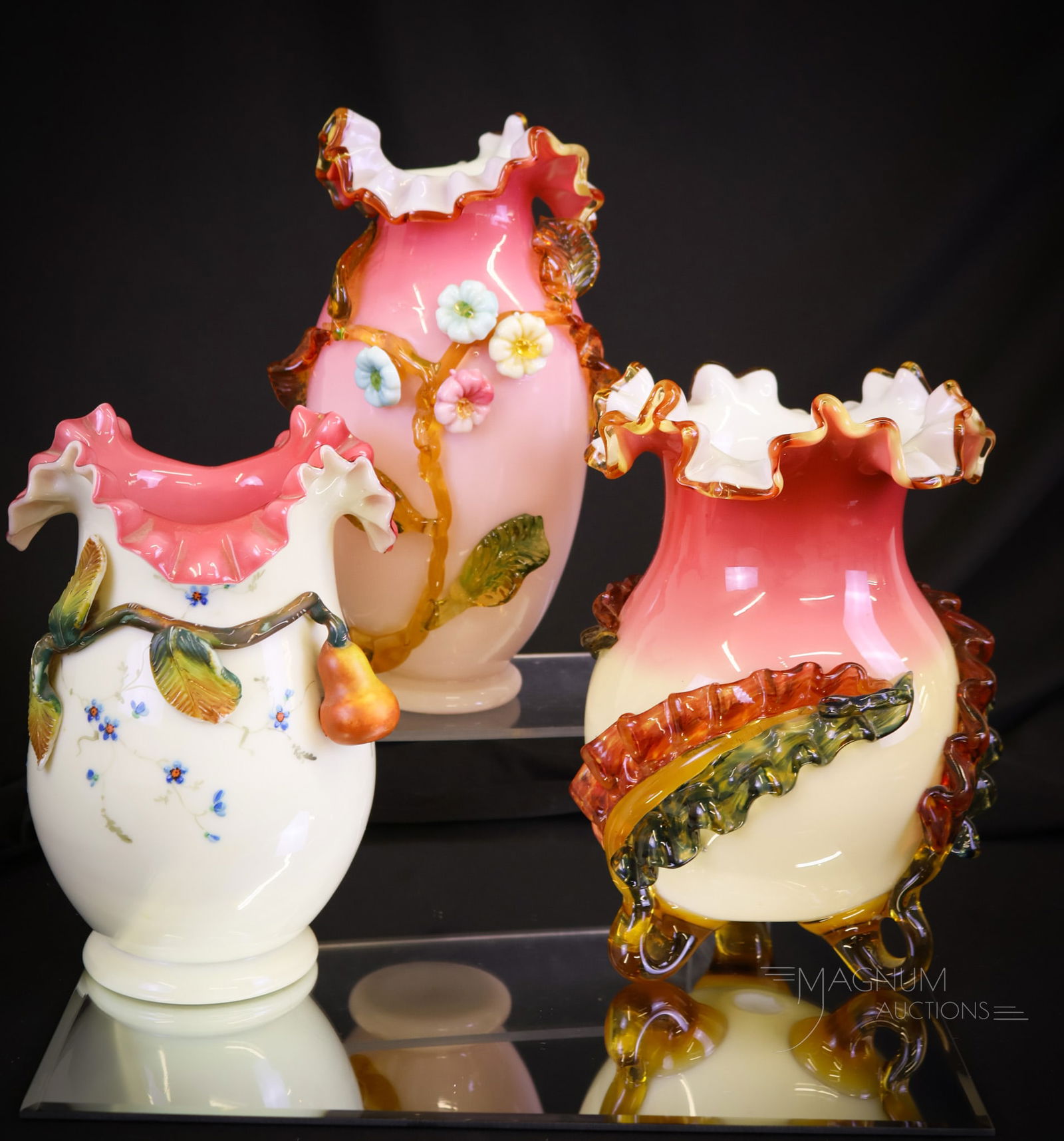 3 pc Lot Victorian Uranium Applied Glass Vases (1 of 16)