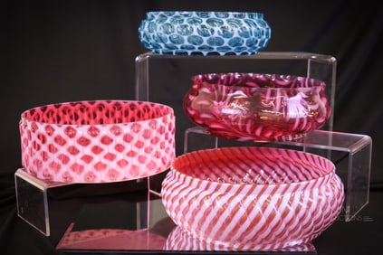 4 pc Lot Victorian Cranberry & Blue Opalescent Glass Master Bowls