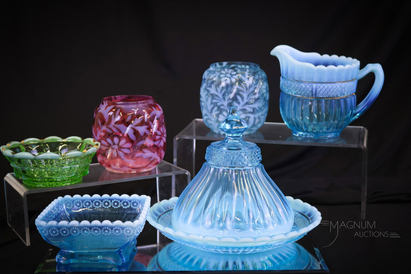 6 pc Lot Northwood Opalescent Victorian Glass: Six attractive finds in this lot of opalescent glass for your collection. This lot includes a blue opalescent Lustre Flute pattern butter dish and creamer. Cranberry and blue opal Daisy & Fern pattern