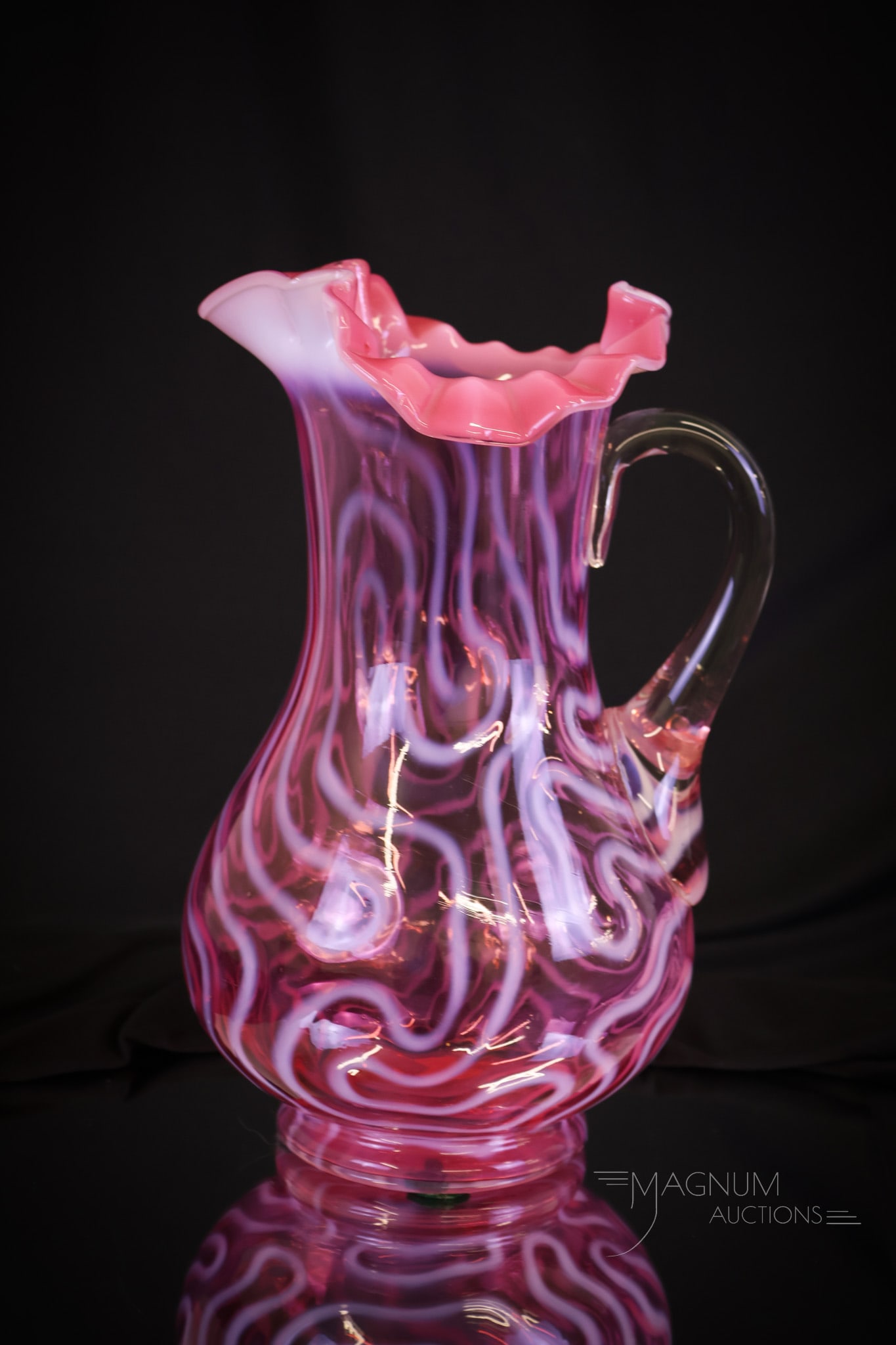 Jefferson Cranberry Opalescent Swirling Maze Victorian Tankard Pitcher: A superb example of a Victorian cranberry opalescent water pitcher in a tankard form. This one in the Swirling Maze pattern. This pitcher measures 11"" tall and 7"" wide. Excellent color and opal. Shi