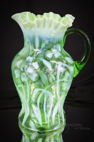 Northwood Victorian Green Opalescent Glass Daffodils Tankard Pitcher