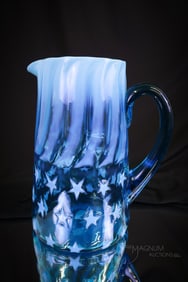 Rare Blue Opalescent Stars & Stripes Victorfian Glass Tankard Pitcher