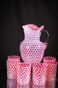 7 pc Cranberry Opalescent Hobbs Windows Victorian Glass Water Set