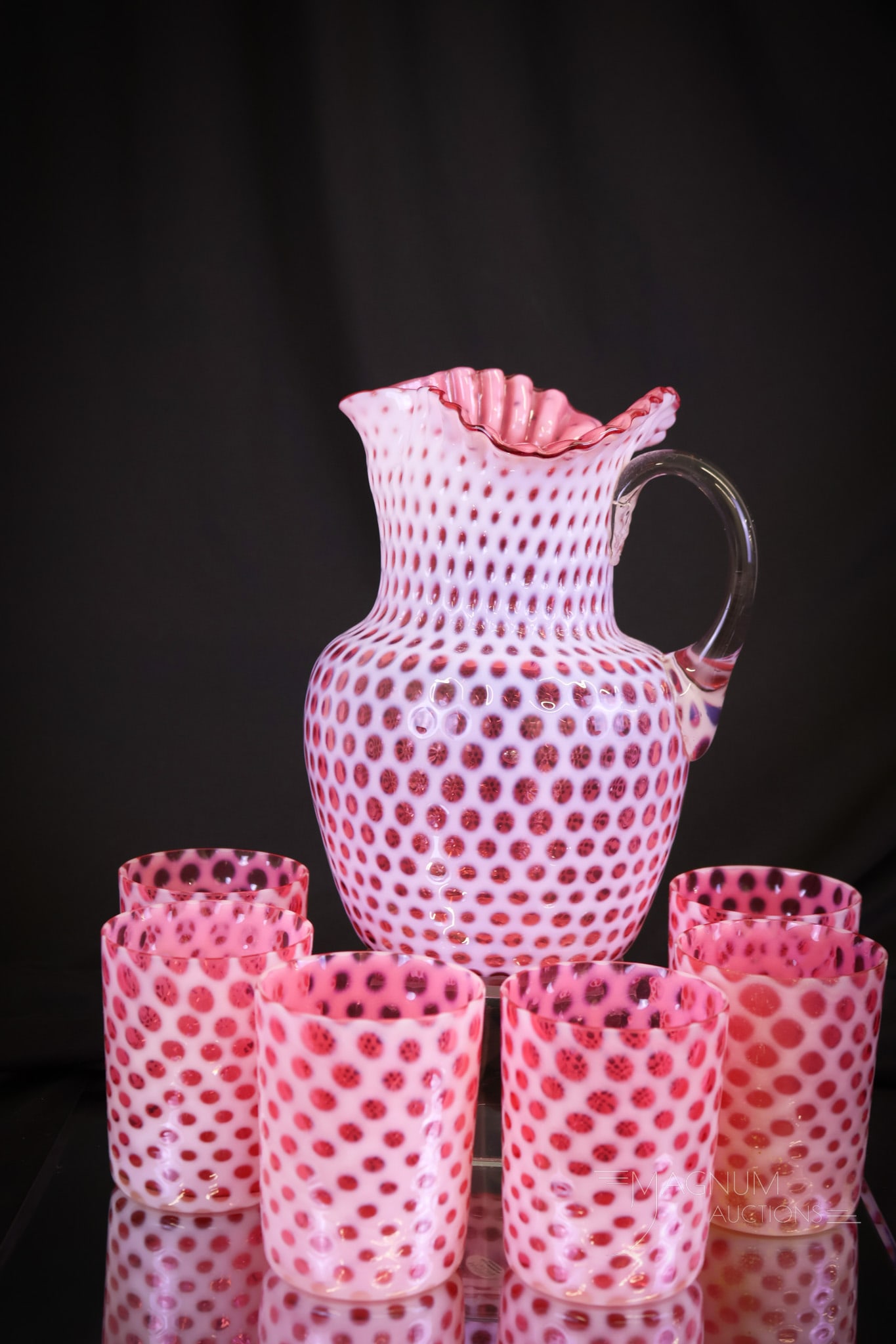 7 pc Cranberry Opalescent Hobbs Windows Victorian Glass Water Set (1 of 10)