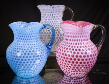 3 pc Lot Hobbs Victorian Glass Red White & Blue Swirl Water Pitchers