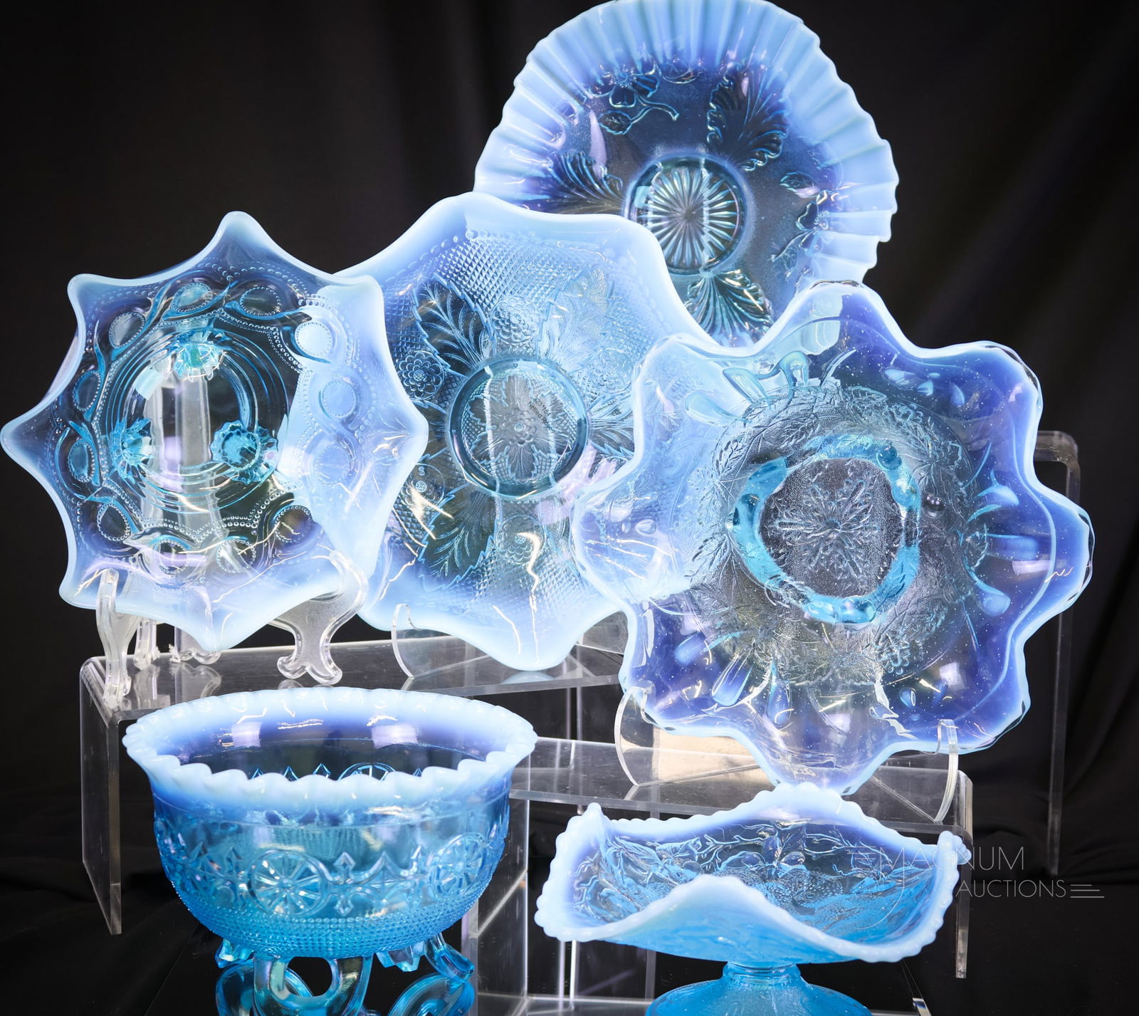 6 pc Lot Blue Opalescent Victorian Glass Bowls: Six nice finds in Victorian opalescent glass bowls. This lot includes a Northwood Three Fruits, a Netted Roses, a Beaded Cable, and so much more. The largest measures 4"" tall and 9"" in diameter. Shi