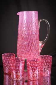 Phoenix Harrach 5 pc Cranberry Opalescent Craquelle Tankard Water Set