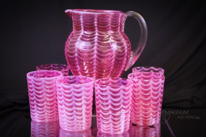Rare 7 pc Phoenix Drape Cranberry Opalescent Victorian Water Set