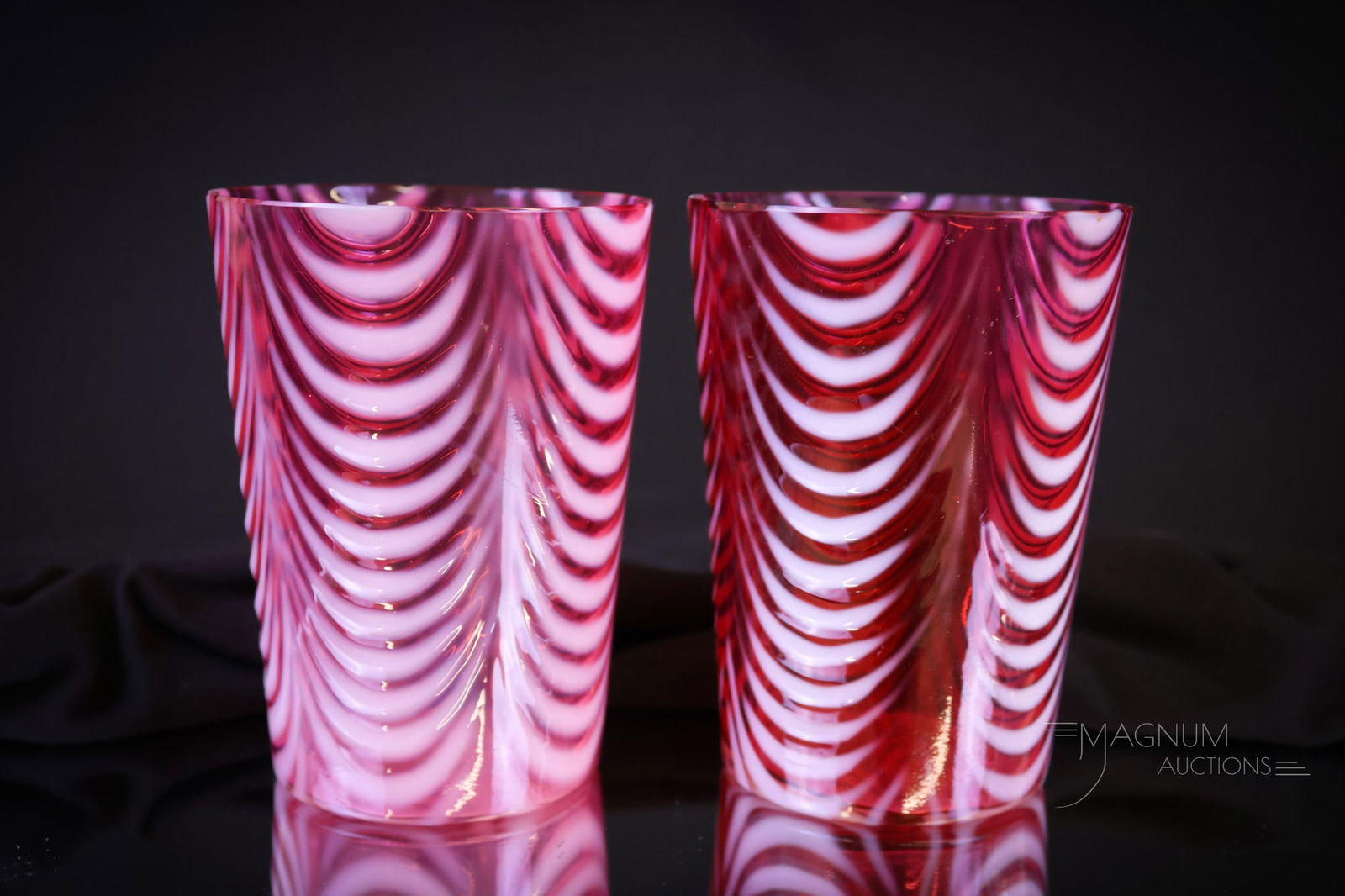 2 pc Lot Northwood Cranberry Opalescent Drape Victorian Glass Tumblers (1 of 6)