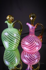 2 pc Lot Victorian Cranberry & Green Opalescent Glass Cruets