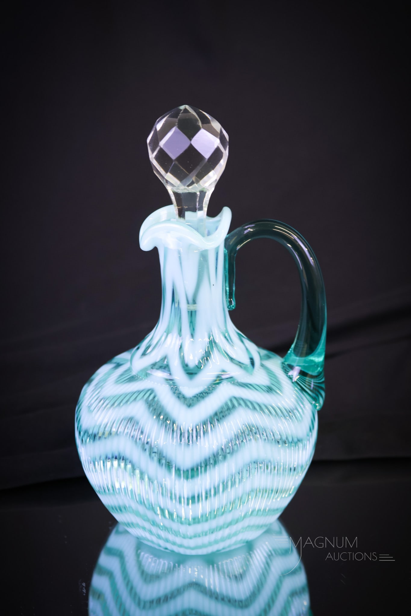 Scarce Blue Opalescent Northwood Ribbed Herringbone Victorian Glass Cruet: A beautiful and desirable Victorian Northwood Ribbed Herringbone pattern cruet. This one has beautiful coloring and strong opal. The cruet measures 6 1/4"" tall and 3 3/4"" wide. Shipping: At checkou